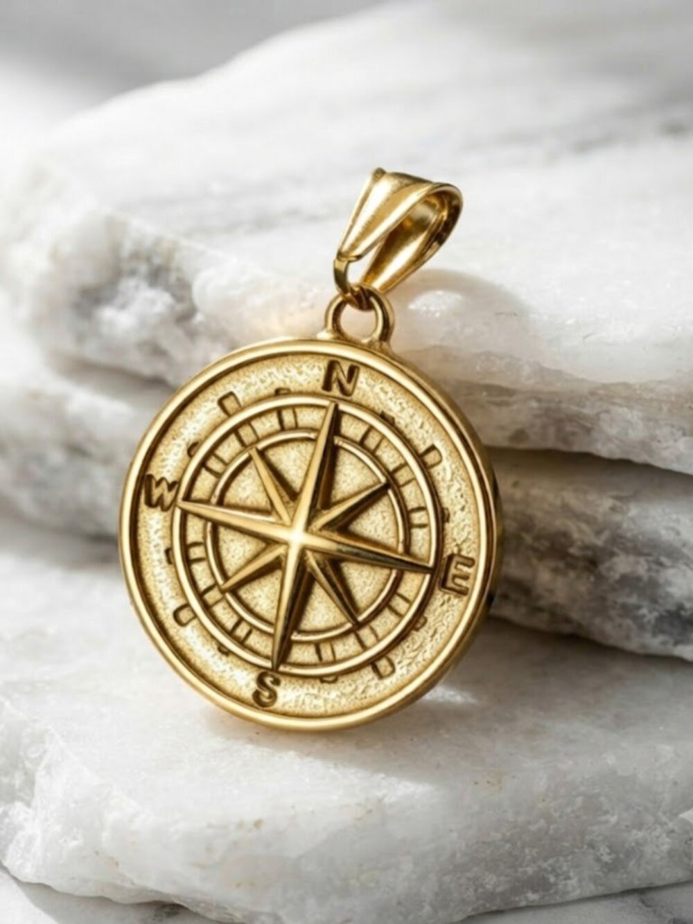 Men's 18K Gold Plated Viking Compass Pendant Necklace, Herringbone Chain